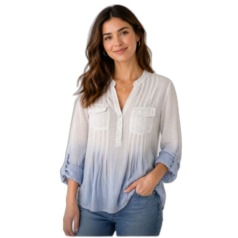 Zac & Rachel Blue White Ombre Gradient Pintuck Pleat Henley Blouse